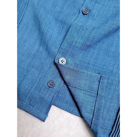 Guayaberass Shirt Mens 40 Button Dark Blue Teal Textured Embroidered Cigar - Picture 6 of 11